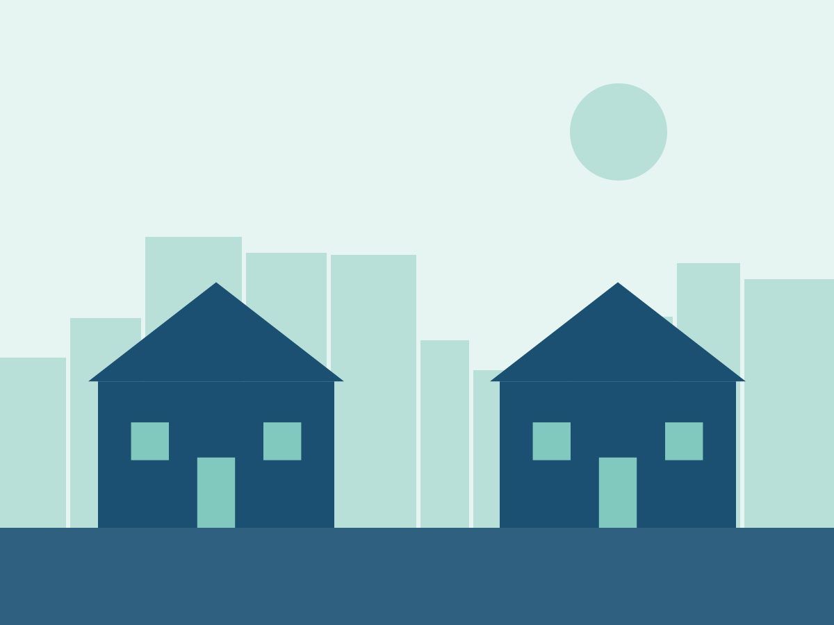 Ilustração de duas casas azuis com prédios ao fundo