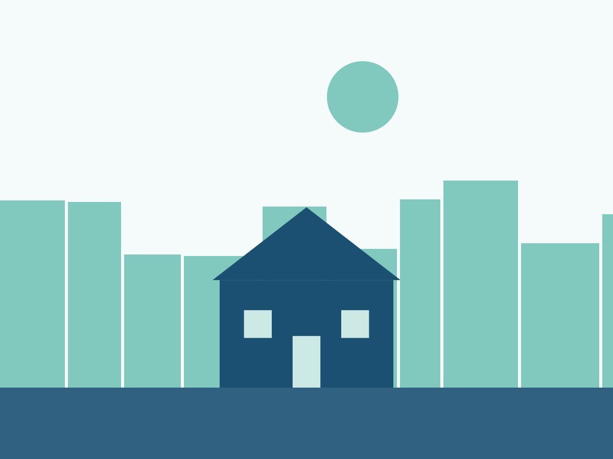 Ilustração de uma casa azul com prédios verdes ao fundo