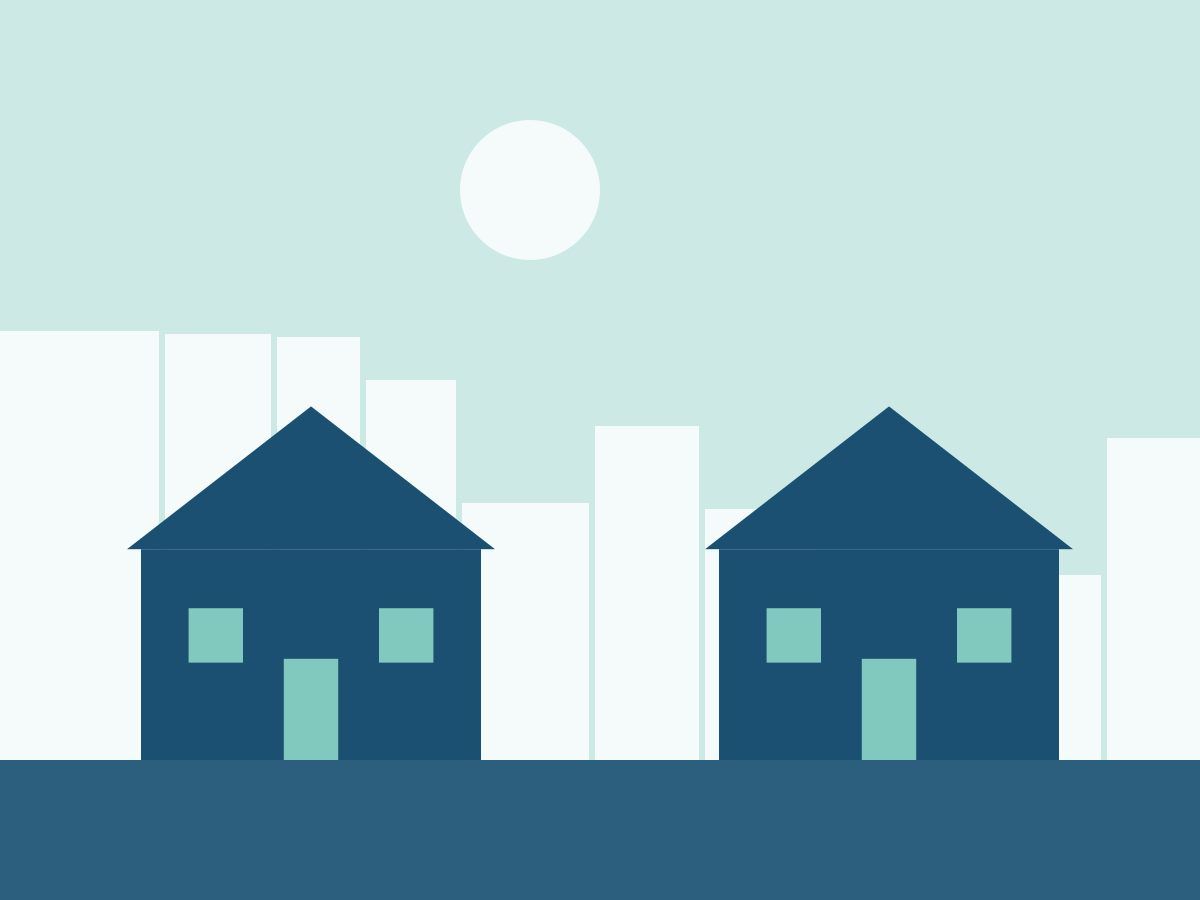 Ilustração de duas casas azuis sob um céu menta
